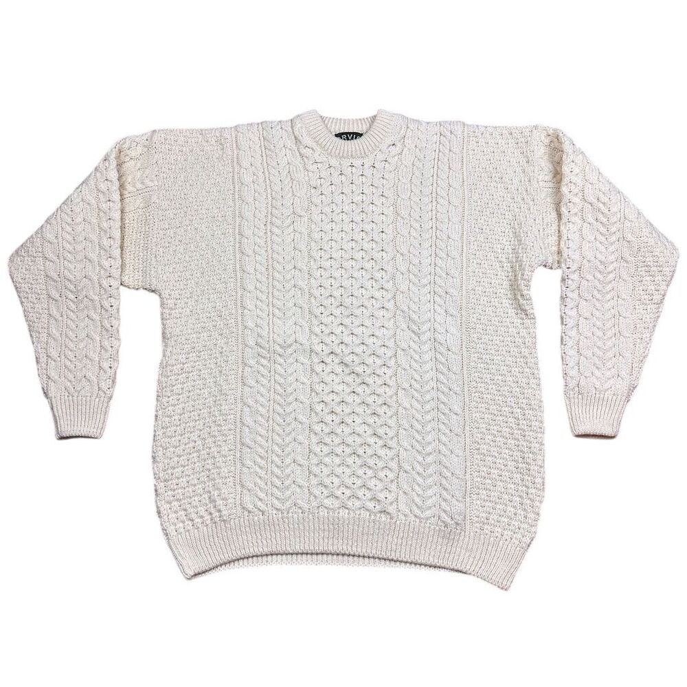 Orvis Men's Ivory Cable-Knit Wool Sweater XXL Crew Neck Pullover Ireland